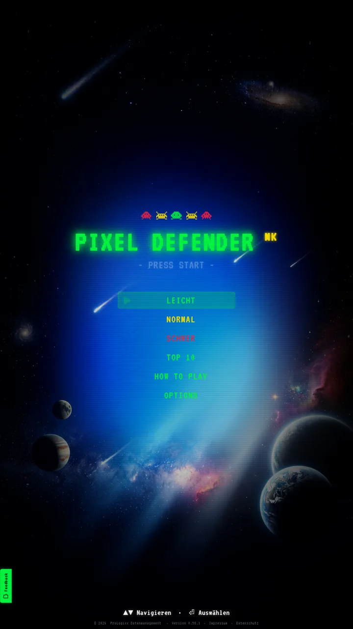Pixel Defender Startscreen mit Arcade-Menü